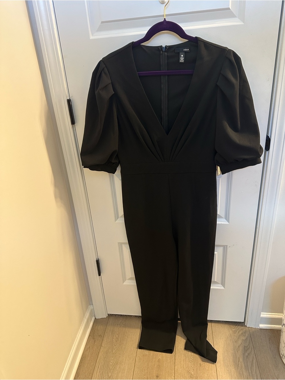 Aqua Black V-Neck Puff-Sleeve Jumpsuit